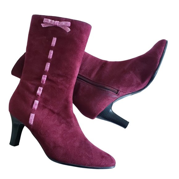 Predictions Shoes - Vintage Predictions Y2K Wine Red Vegan Suede Pointed Toe Low Heel Boots 8